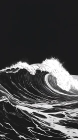 Black and white illustration of a powerful breaking wave.