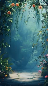 Floral forest arch framing a misty stone pathway scene.