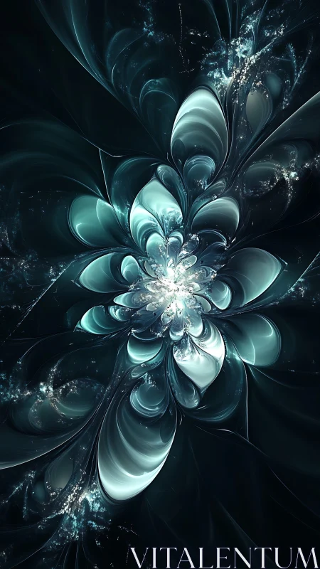 Symmetrical teal fractal formation with petal-like structures.
