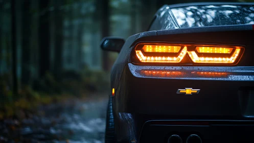 Moody forest drive with glowing taillights and soft rain.