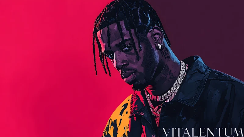 Neon-lit rap icon broods against blazing magenta dusk.