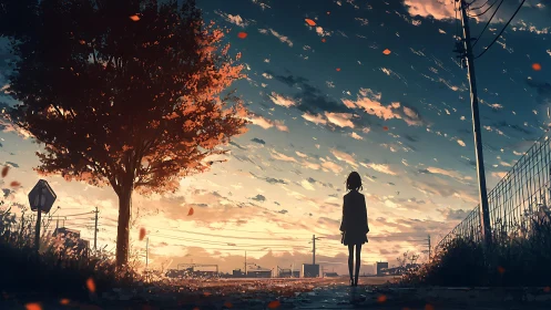 Soft autumn sunset welcomes a quiet figure under glowing sky