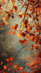 Radiant autumn canopy over misty woodland depth.