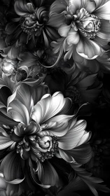 Monochrome digital blossoms with layered swirling petals.