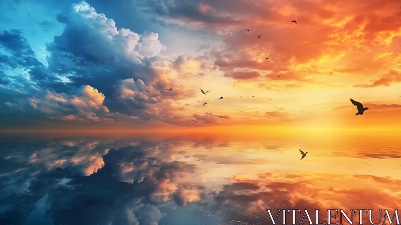 Sunset sky reflects over still water beneath flying birds