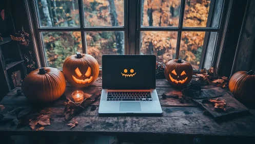Haunted laptop council glows among mischief-loving pumpkins.