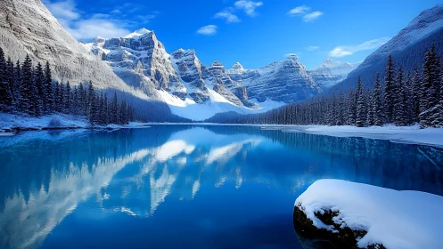 Snow covered alpine lake with reflected mountain range.