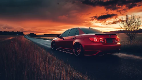 Red sports sedan glows against fiery sunset sky on highway.