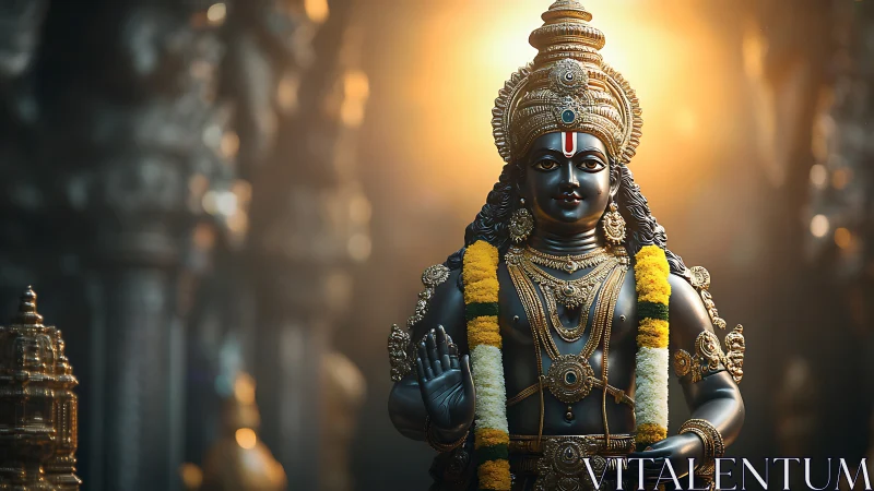 Divine black stone deity greets dawn with molten gold light