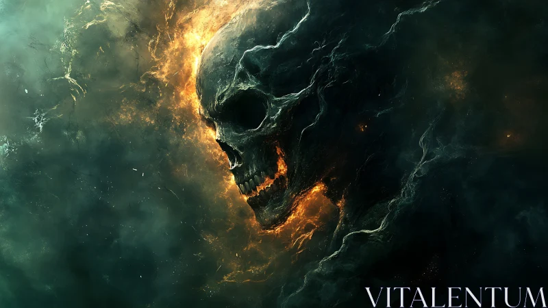 Infernal skeletal visage emerging from volatile nebular flames.