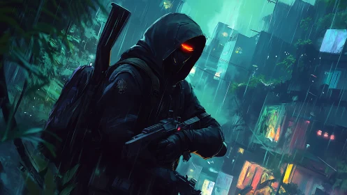 Hooded cyberpunk operative in neon rainy cityscape at night.