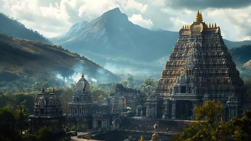 Majestic mountain temple complex rises amid misty valleys.