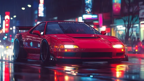 Midnight scarlet street racer slicing neon rain.