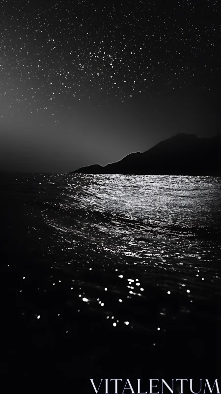 Star-splashed midnight surf kissing a sleeping silhouette shore.