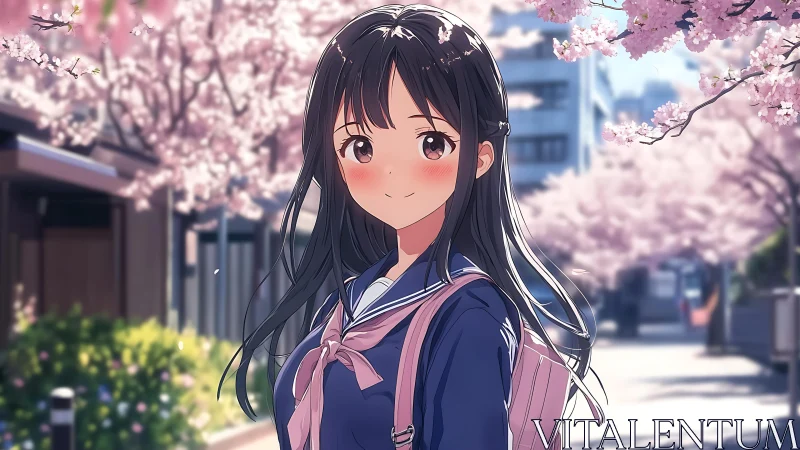 Sakura-lined urban street with anime schoolgirl portrait focus.
