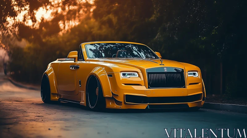 Yellow luxury convertible stands on street at sunset light