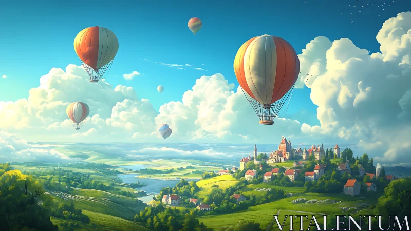 Multiple hot air balloons traverse a stylized rural landscape