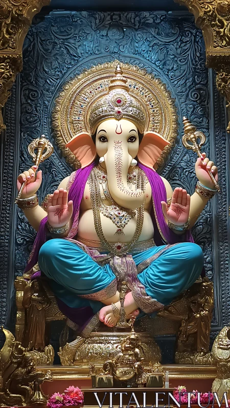 Polychrome Ganesh idol with gilded mandala throne detailing.