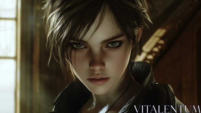Cinematic close-up of intense short-haired girl in leather.