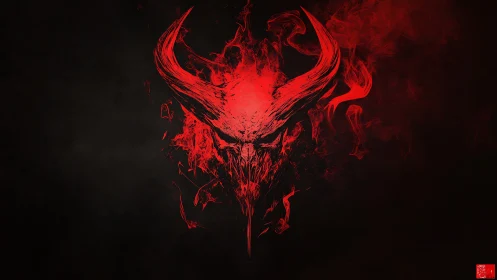 Infernal horned skull in erupting red smoke on black field.