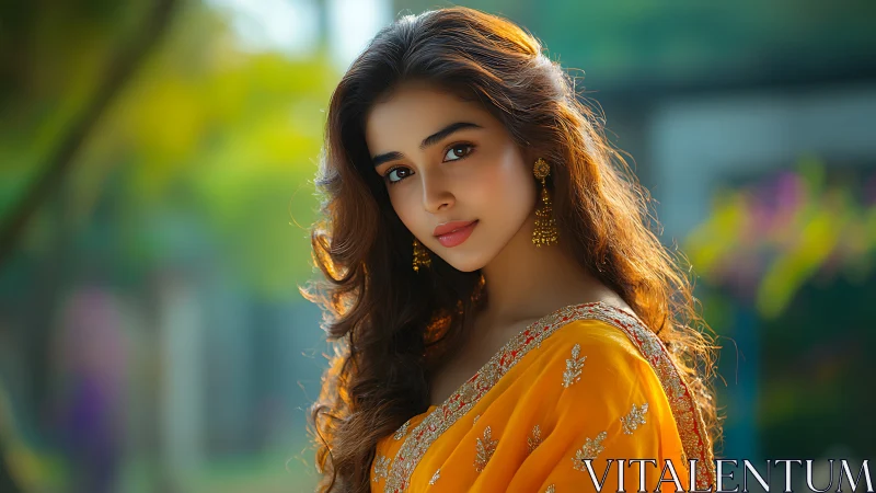 Young woman in embroidered sari stands in outdoor setting