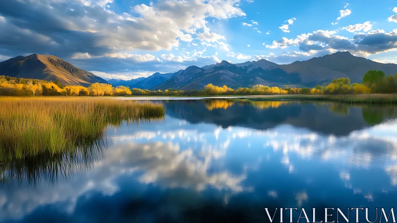 Golden hour alpine lake with mirrored mountain reflections.