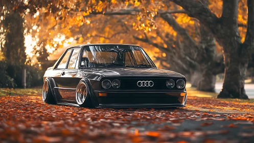 Low stance black Audi sedan parked on autumn street scene.