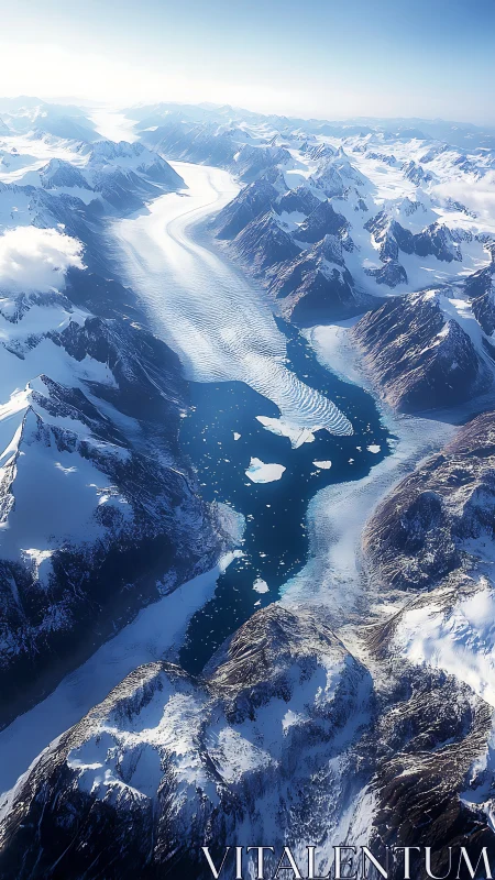 Glacial fjord cuts through towering snowbound mountain range.