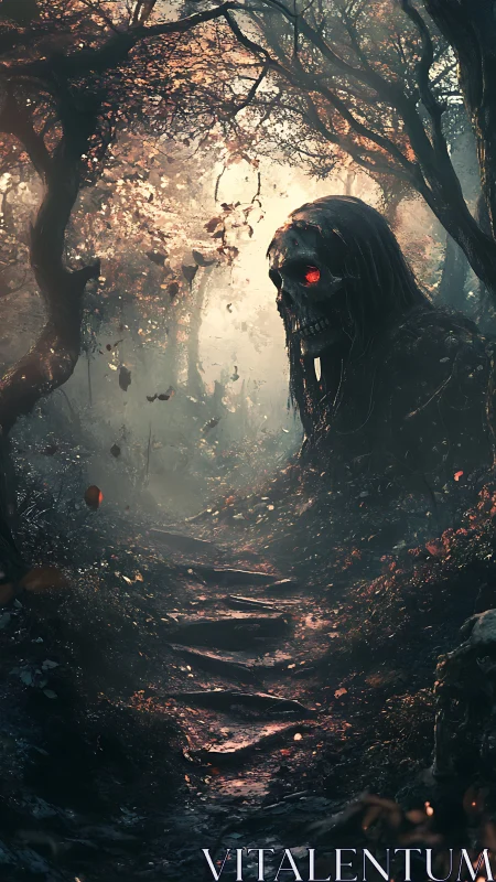 Glimmering forest path meets a watchful skull spirit guardian