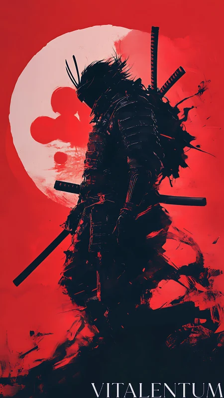 Silhouetted samurai warrior against bold red sun backdrop.