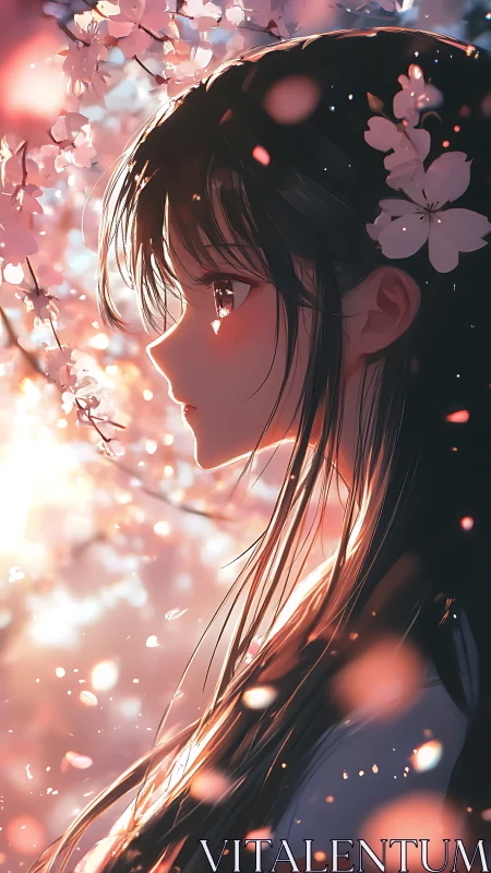 Side-lit anime girl beneath glowing spring sakura blossoms