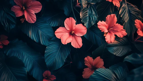 Tropical Hibiscus Blooms Glow Among Deep Teal Foliage