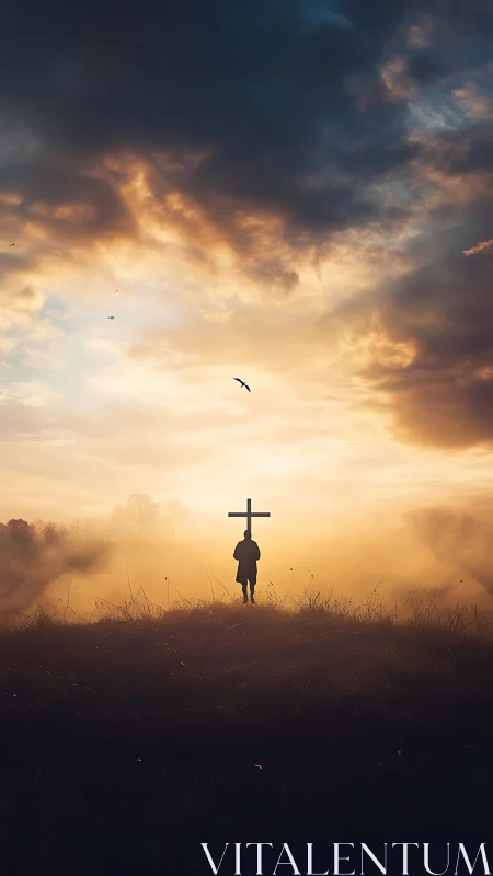 Lone hilltop pilgrim cradles a cross in waking gold sky.