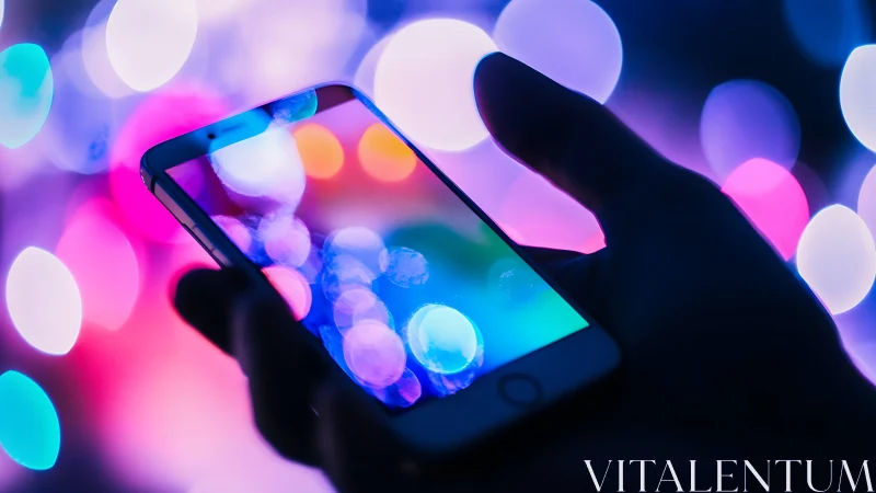 Smartphone screen glows amid neon bokeh city lights.