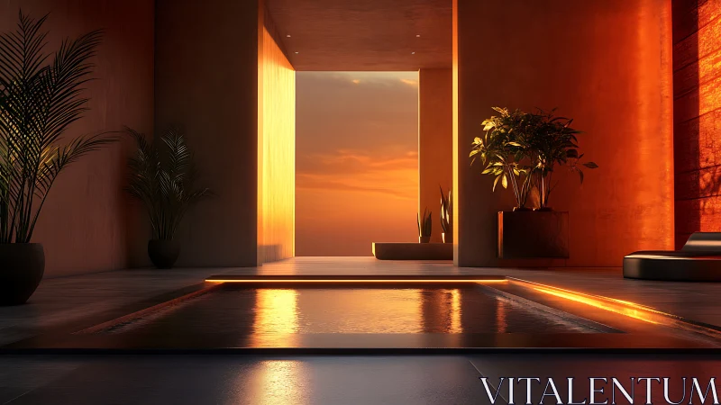 Modern sunset spa suite glows with warm linear lighting.