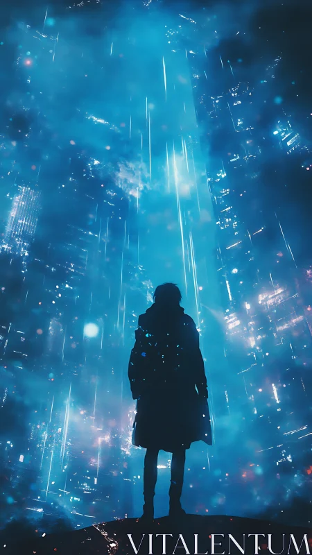 Silhouetted figure stands before vertical blue neon cityscape
