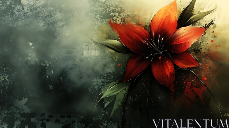 Digital Botanical Abstraction: Red Flower Against Weathered Textural Background Composition