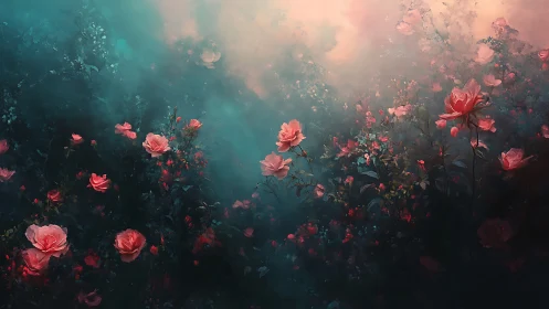 Dreamy twilight rose garden drifting through soft mist.
