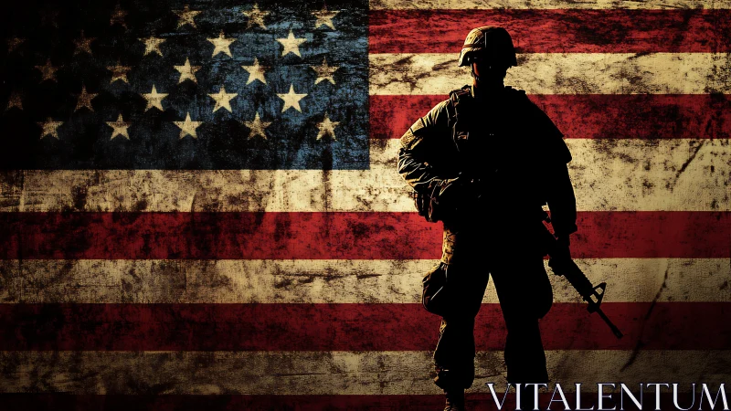 Soldier silhouette stands before distressed US flag backdrop