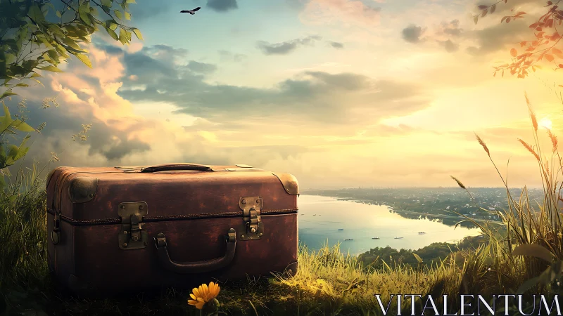 Weathered leather suitcase on riverside cliff at golden sunset