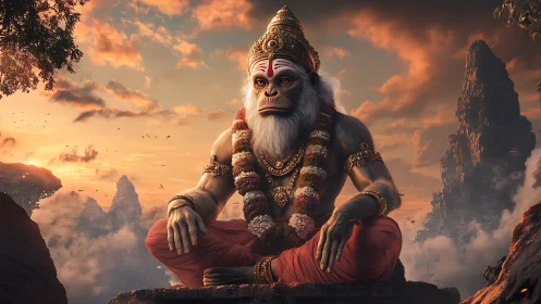 Serene monkey deity meditates at sunset over mystic peaks