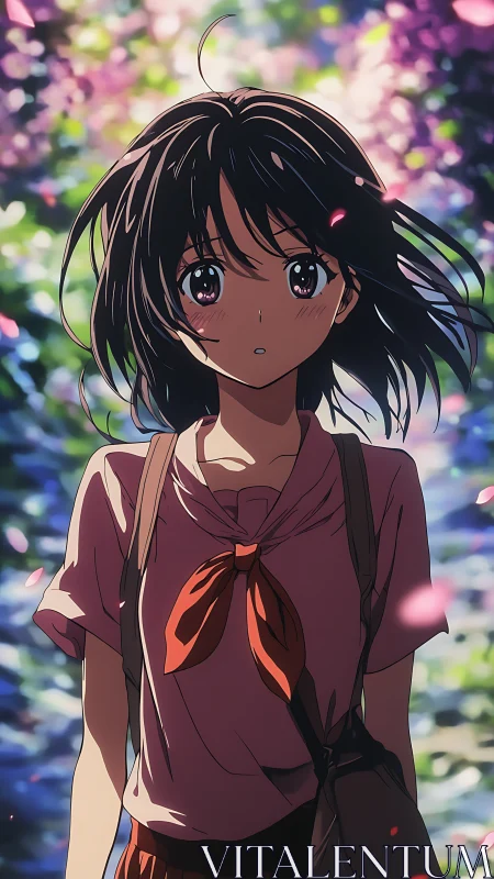 Sunlit petals pause around a wide eyed anime wanderer