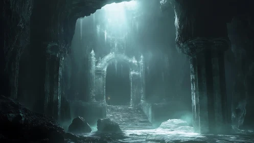 Ancient stone gateway rises in a mist-filled subterranean cavern