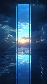 Luminous sky portal rises over tranquil cosmic ocean.