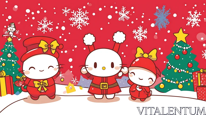 Cartoon characters stand before decorated Christmas trees