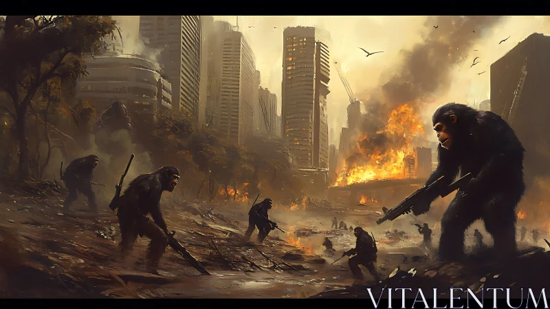 Armed apes advance through burning post-apocalyptic megacity ruins