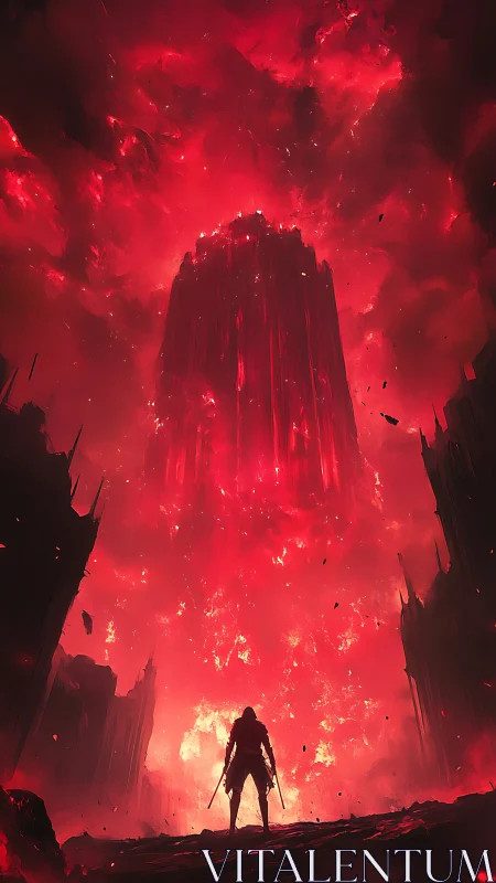 Silhouetted figure observes vertical red energy structure calmly