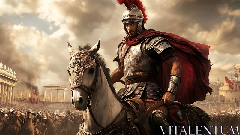 Roman cavalry commander leading charge through burning city.