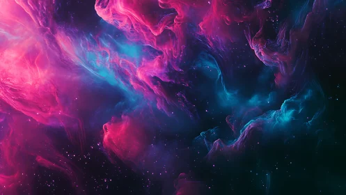 Vibrant cosmic nebula with swirling pink and cyan clouds.