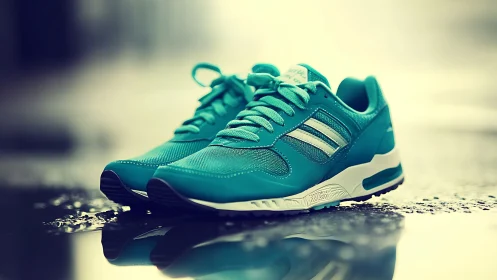 Teal running sneakers on wet pavement with reflective surface.